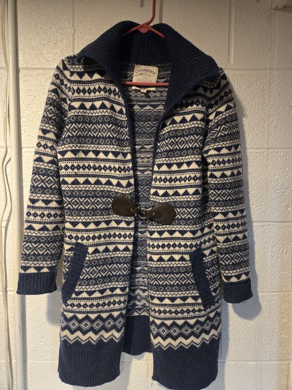 Cambridge Womens Cardigan Blue White Leather Buckle Clasp M Used Good Condition